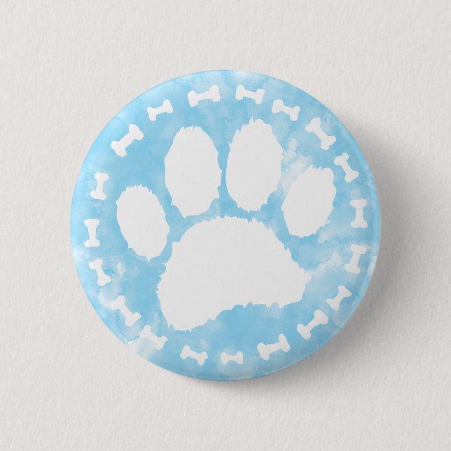 Aquarell-Tierpfotenabdruck und Knochen Blau Button (Vorderseite)
