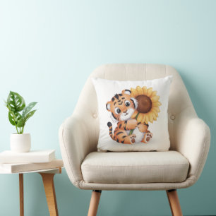 Aquarell-Tiger umarmt eine Sonnenblume Kissen