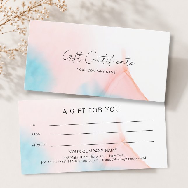 Aquarell-Tinte-Geschenkgutschein (Watercolor Ink Gift Certficate Blue White Pink Orange)