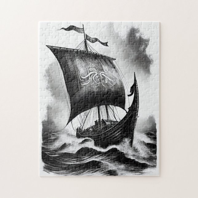 Aquarell-Tintenstift eines Wikinger-Drachenschiffs Puzzle (Vertikal)