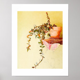 Aquarell-Töpfchenpflanze und Schmetterling Poster