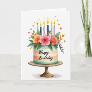 Aquarell-Torte und Blumengrußkarte Karte