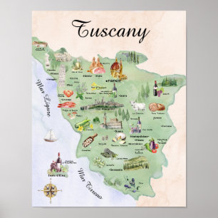 Aquarell-Toskana-Essen- und Wahrzeichenkarte Poster