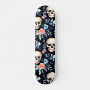 Aquarell-Totenkopf- und Rosen-Gotikmuster Skateboard