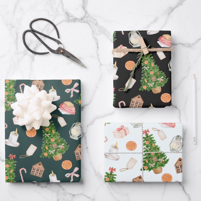 Aquarell Treegeschenke Süßigkeiten Cane Weihnachts Geschenkpapier Set (Vorderseite)