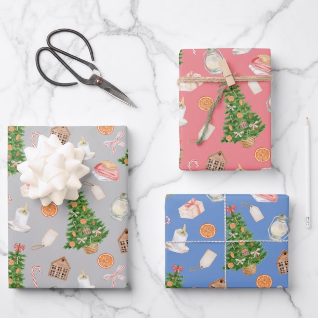 Aquarell Treegeschenke Süßigkeiten Cane Weihnachts Geschenkpapier Set (Vorderseite)