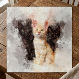 Aquarell-Trio aus süßen schwarzen und orangefarben Puzzle