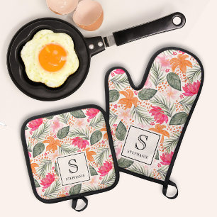 Aquarell-Tropen-Blumenmuster-Monogramm & Name Ofenhandschuh & Topflappen-Set