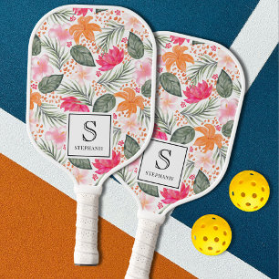 Aquarell-Tropen-Blumenmuster-Monogramm & Name Pickleball Schläger