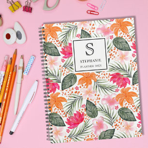 Aquarell-Tropen-Blumenmuster-Monogramm und Name Planer