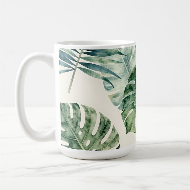 Aquarell-Tropenblätter Monstera-Palm-Muster Kaffeetasse (Links)