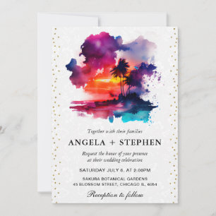 Aquarell-Tropeninsel-Sonnenuntergangs-Hochzeit Einladung