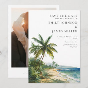Aquarell-Tropenpalmen-Strand-Foto-Hochzeit Save The Date