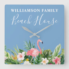 Aquarell Tropical Floral Family Beach Blue Quadratische Wanduhr