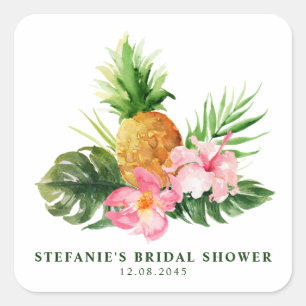 Aquarell-Tropische-Ananas-Sommer-Braut-Party Quadratischer Aufkleber