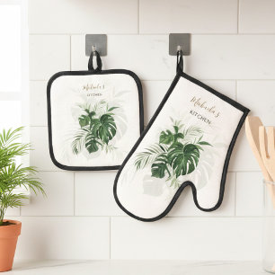Aquarell-Tropische-Blätter-Grün-Personalized Ofenhandschuh & Topflappen-Set