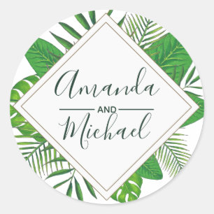 Aquarell-Tropische-Blätter-Strandhochzeit Runder Aufkleber