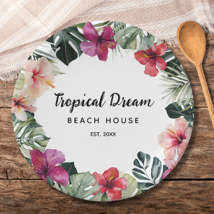 Aquarell-Tropische-Blumen-Botanik-Sommer-Strand Pappteller
