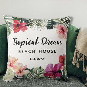 Aquarell-Tropische-Blumen-Botanik-Strandhaus Kissen