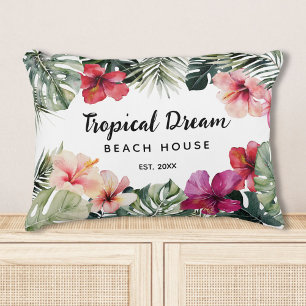 Aquarell-Tropische-Blumen-Botanisches-Strandhaus Dekokissen