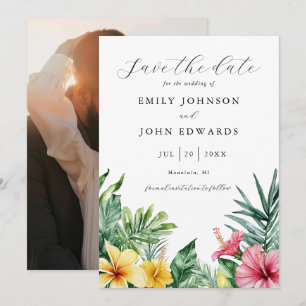 Aquarell-Tropische-Blumen-Grünzeug-Foto-Hochzeit Save The Date