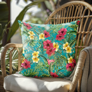 Aquarell-Tropische-Blumen-Palmwedel-Teal Kissen