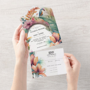 Aquarell-Tropische-Botanische-Blumen-Hochzeit All In One Einladung