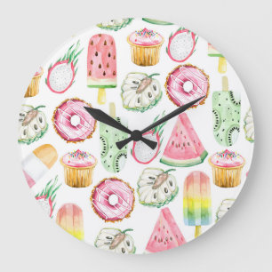 Aquarell tropische Früchte, Eiscreme-Muster. Große Wanduhr