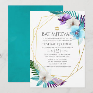 Aquarell-Tropische-Orchideen-Geometrische Bat Mitz Einladung