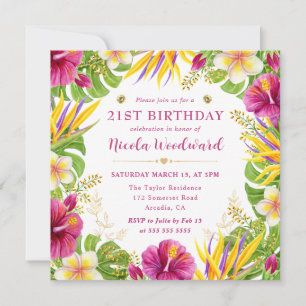 Aquarell Tropische Sommerblumen Rahmen Geburtstag Einladung