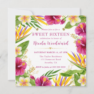 Aquarell-Tropische-Sommerblumen-Rahmen Sweet 16 Einladung