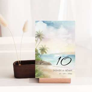 Aquarell-Tropische Strand-Palmenhochzeit Tischnummer