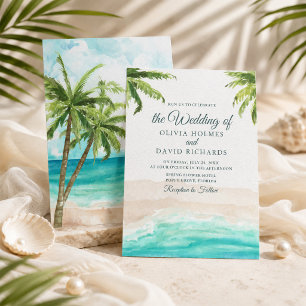 Aquarell-Tropische Strand- und Palmenhochzeit Einladung