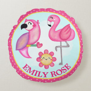 Aquarell-Tropischer-Sommer-Flamingo & Papagei Rundes Kissen