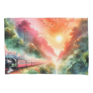 Aquarell-Tropischer-Sonnenuntergang-Zug-Reise Kissenbezug
