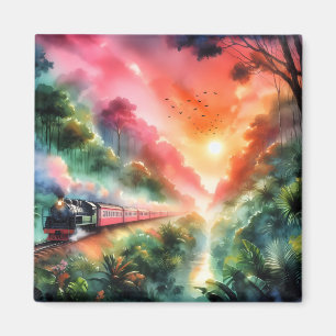 Aquarell-Tropischer-Sonnenuntergang-Zugreise Magnet