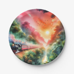 Aquarell-Tropischer-Sonnenuntergang-Zugreise Pappteller
