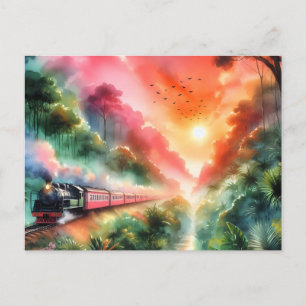 Aquarell-Tropischer-Sonnenuntergangs-Zug-Reise Feiertagspostkarte