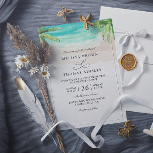 Aquarell-Tropischer-Strand-Palme-QR-Code-Hochzeit Einladung
