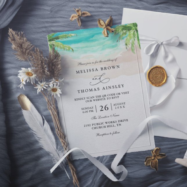 Aquarell-Tropischer-Strand-Palme-QR-Code-Hochzeit Einladung (Von Creator hochgeladen)