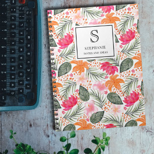 Aquarell-Tropisches-Blumenmuster-Monogramm & Name Notizblock