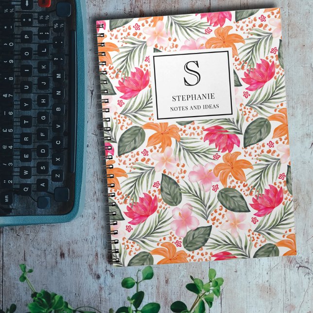 Aquarell-Tropisches-Blumenmuster-Monogramm & Name Notizblock (Von Creator hochgeladen)