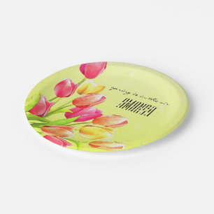 Aquarell-Tulpe-Blumenstrauß-Monogramm Pappteller