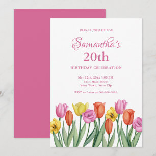 Aquarell-Tulpen 20. Geburtstag Einladung