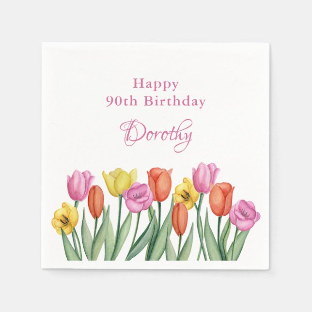 Aquarell-Tulpen 90. Geburtstagsfeier Serviette (Vorderseite)