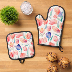 Aquarell-Tulpen-Muster Ofenhandschuh & Topflappen-Set