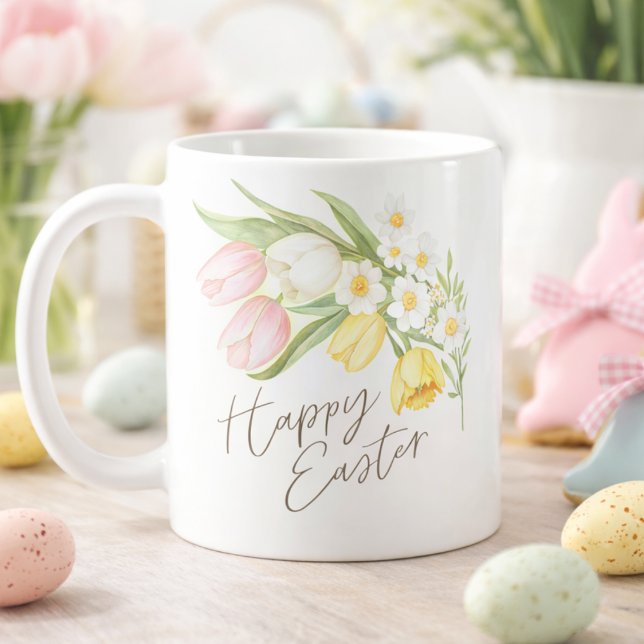 Aquarell-Tulpen und Osterglocken Frohe Ostern  Kaffeetasse (Von Creator hochgeladen)