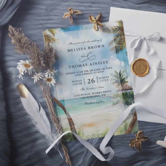 Aquarell Tulum Tropische Strand-QR-Code-Hochzeit Einladung (Von Creator hochgeladen)