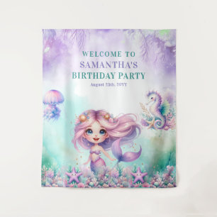 Aquarell Türkis und Lila Meerjungfrau Geburtstag Wandteppich