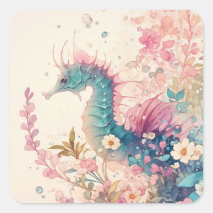 Aquarell Türkis und Magenta Seepferdchen Quadratischer Aufkleber